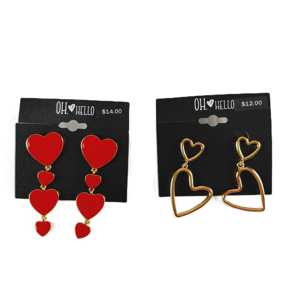 Oh Hello Gold Tone Red Hearts Dangle Earrings Bundle Fashion Jewelry